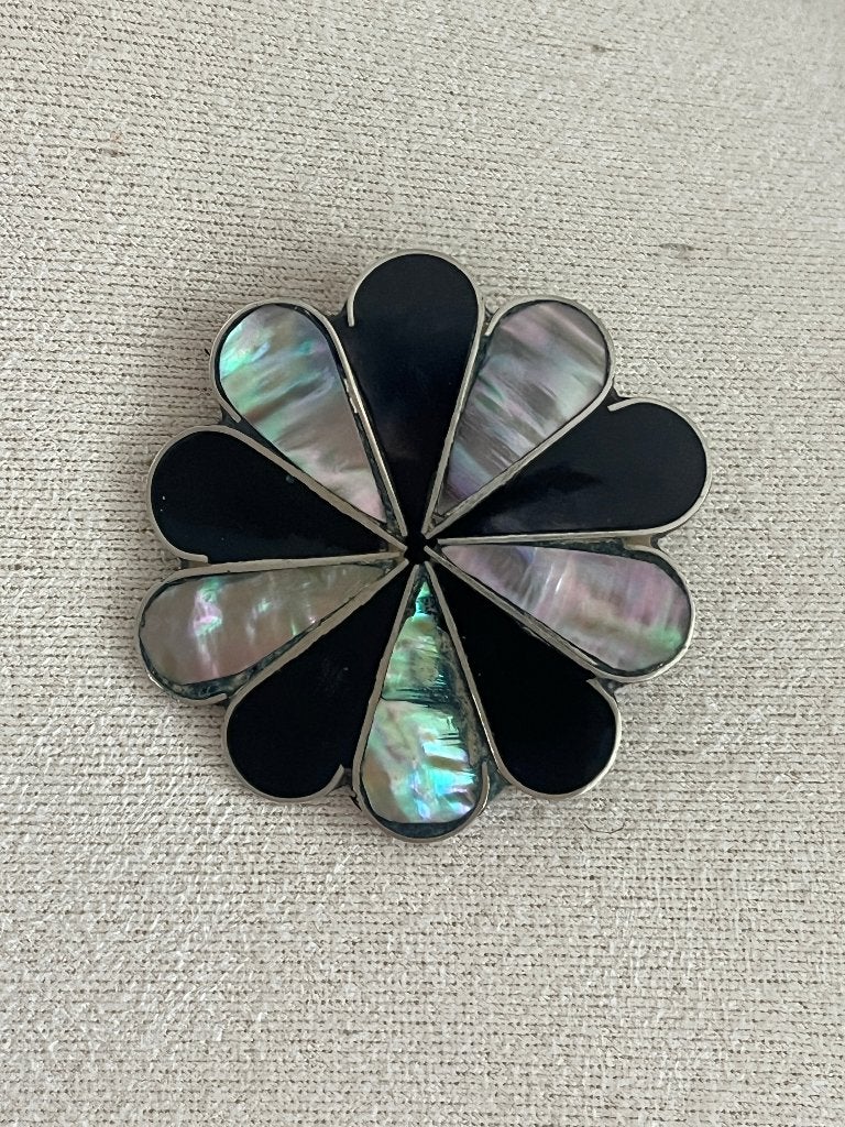 Vintage Taxco broche onyx met parelmoer, Ophalen of Verzenden
