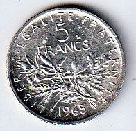 5  francs  1965  Frankrijk. km. 926, Ophalen of Verzenden, Frankrijk, Losse munt, Zilver
