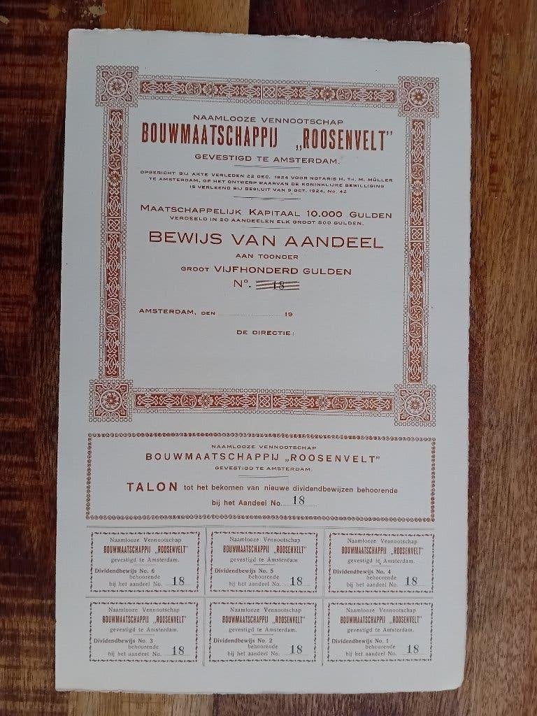 Bewijs van aandeel Bouwmaatschappij Roosenvelt, Ophalen of Verzenden, 1920 tot 1950, Aandeel