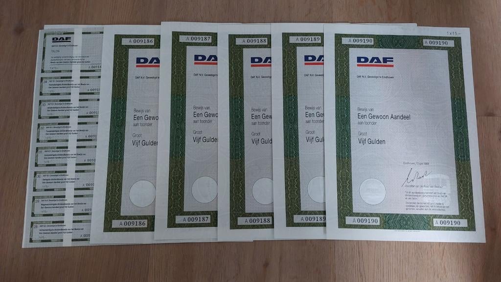 DAF Aandelen Certificaten - Vijf Gulden (1969), Ophalen of Verzenden, 1970 tot heden, Aandeel