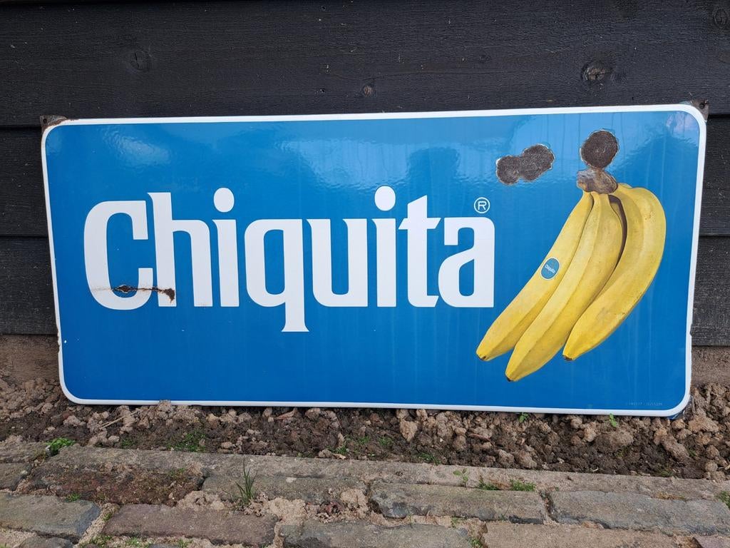 Emaille reclame , emaille reclamebord Chiquita Langcat, Ophalen of Verzenden, Gebruikt, Reclamebord