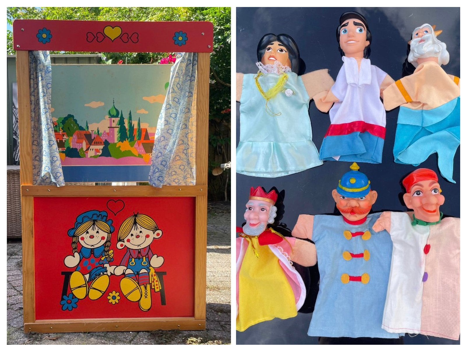 Geweldig poppenkast met achtergrond gordijntjes & poppen, Ophalen, Gebruikt