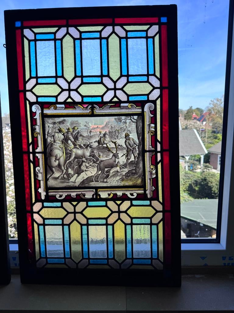 Antiek Glas paneel met jachtscène, Ophalen