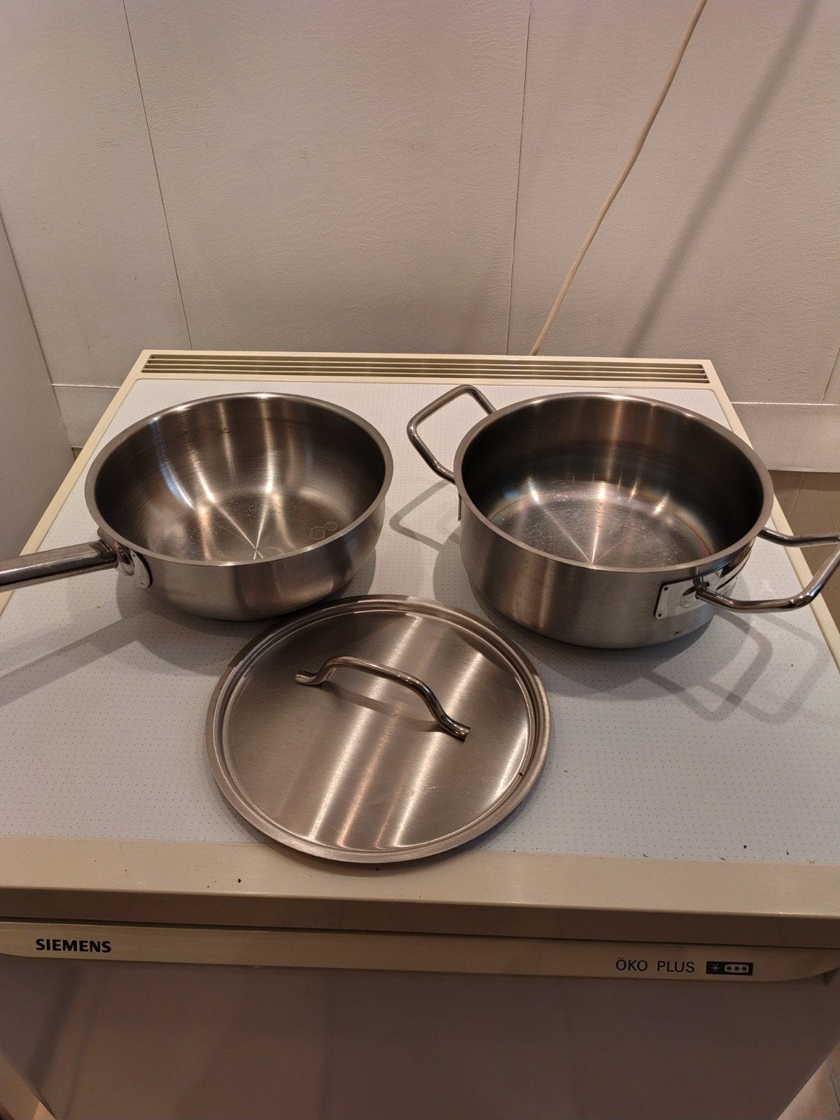 Atag pannenset: pan met steel, pan zonder steel + deksel, Ophalen, Gebruikt, Pannenset, Rvs