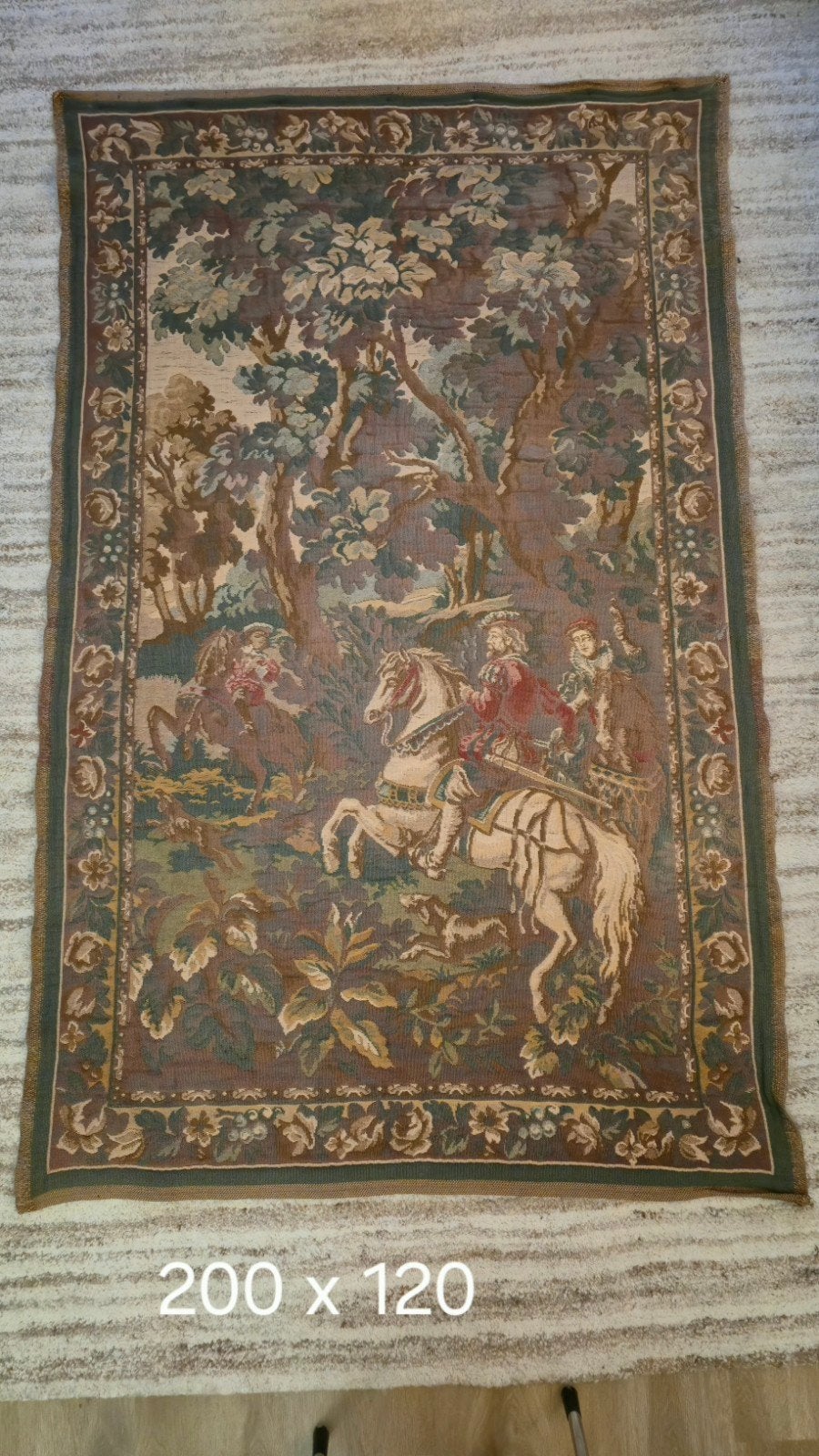 Antiek wandtapijt met jachtscène - 200 x 120 cm, Antiek en Kunst, Ophalen of Verzenden
