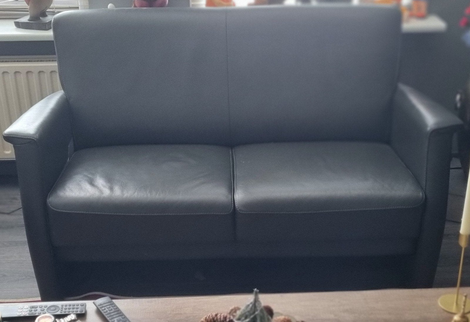 Zwarte leren tweezitsbank en fauteuil PROMINENT echt leer., Ophalen, Gebruikt, 150 tot 200 cm, Tweepersoons