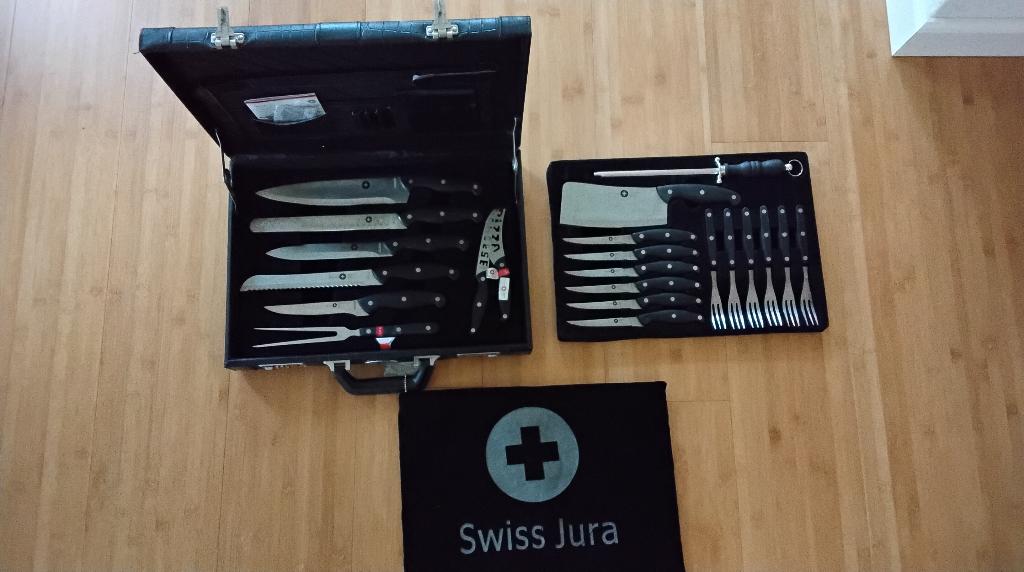 JURA MESSENSET IN LUXE LEDEREN KOFFER, Huis en Inrichting, Keuken | Bestek, Ophalen of Verzenden, Nieuw, Rvs of Chroom, Vaatwasserbestendig