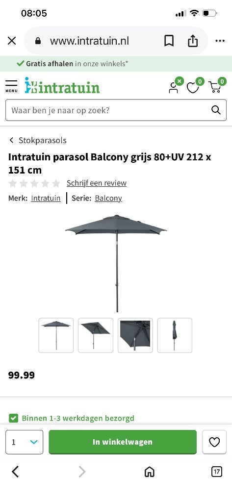 Intratuin parasol Balcony grijs 80+UV 212 x 151 cm, Ophalen, Zo goed als nieuw, Verstelbaar, 1 tot 2 meter