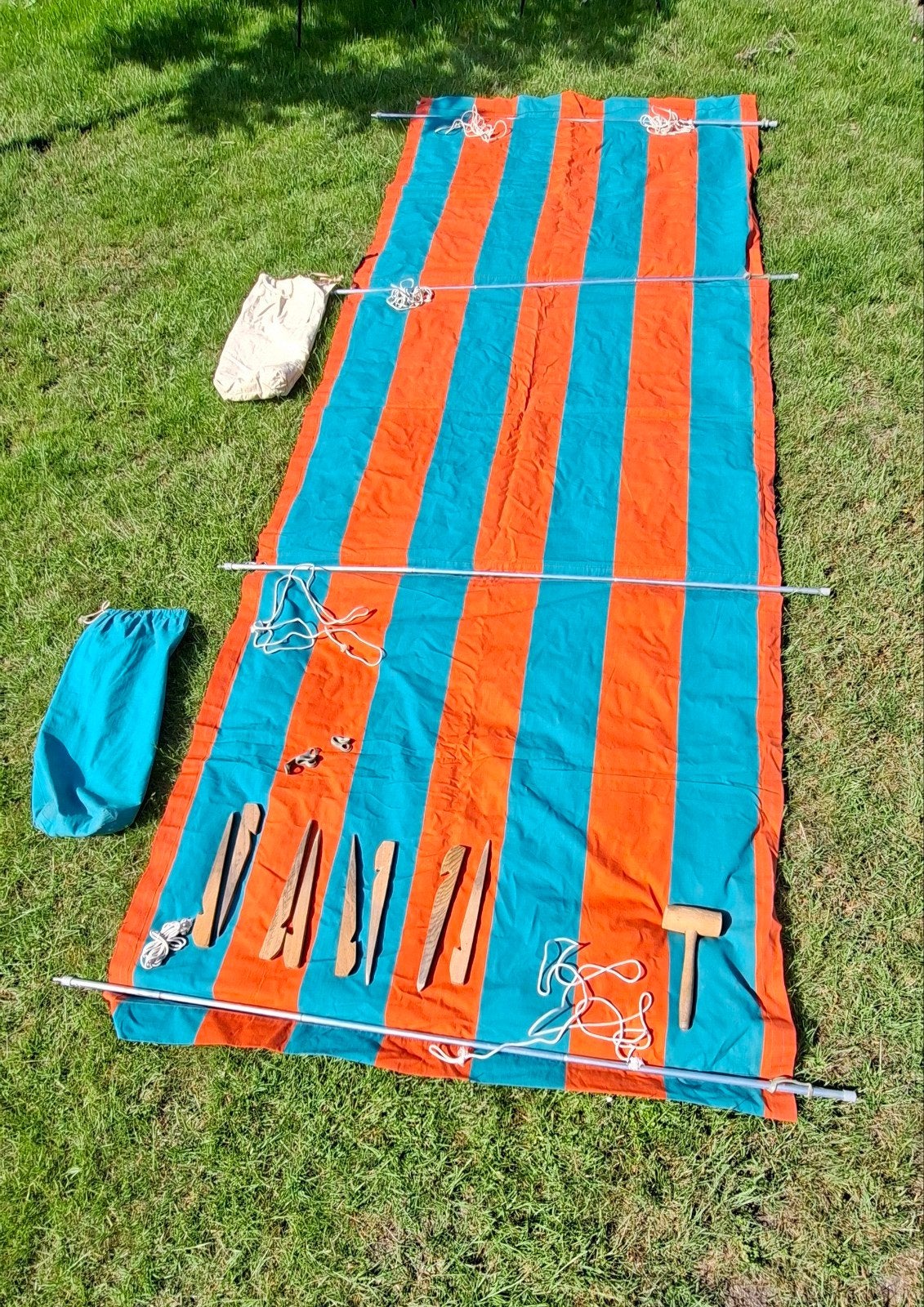 Windscherm oranje groen gestreept doek retro, Caravans en Kamperen, Windschermen, Ophalen, Gebruikt