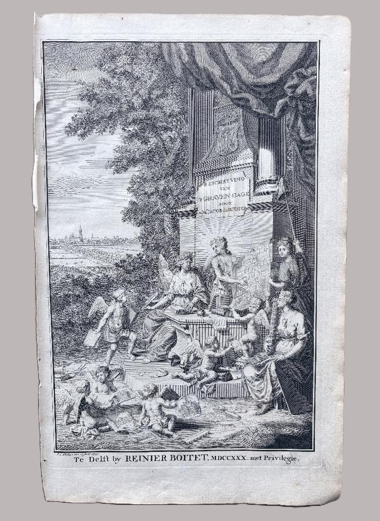 1730 – Frontispice “Beschryving van ’s Gravenhage” – Boitet, Antiek en Kunst, Verzenden, Stadsgezicht, 1700 - 1799, Origineel
