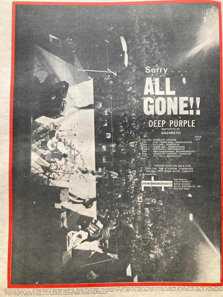 Paginagrote A3 advertentie DEEP PURPLE tour 1973, Ophalen of Verzenden, Zo goed als nieuw