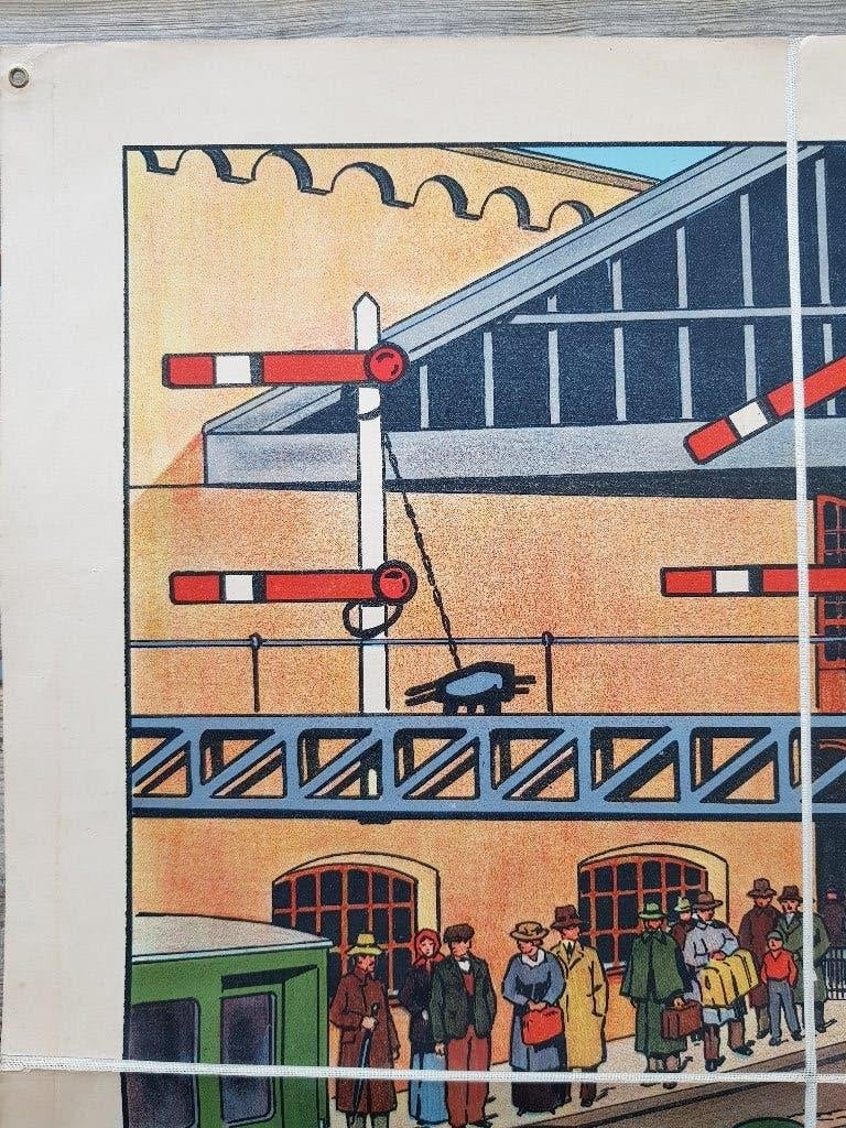 Treinstation oude schoolplaat uit Frankrijk litho op canvas., Antiek en Kunst, Origineel, Ophalen of Verzenden, Lithografie
