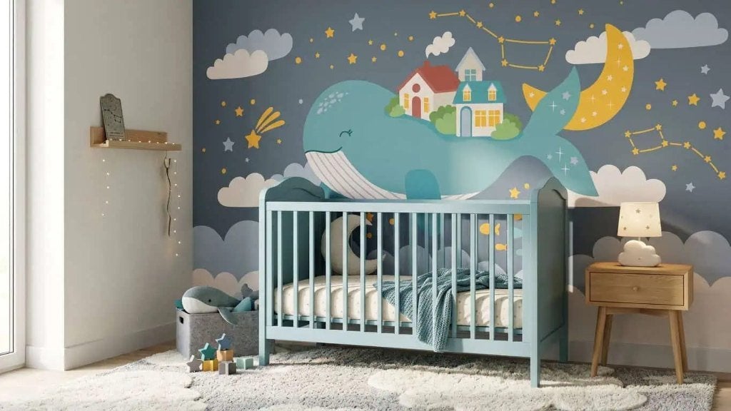Behang kinderkamer – walvis onder sterrenhemel, Overige merken, Modern, Ophalen of Verzenden, Fotobehang