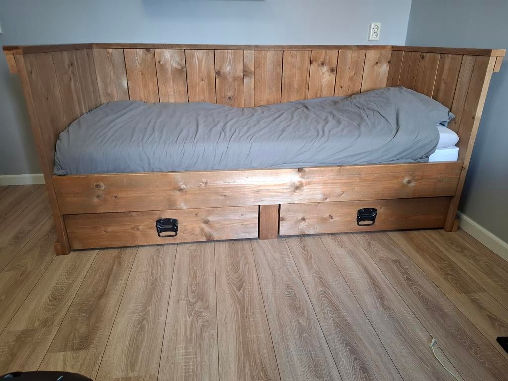 1 persoons bed van steigerhout met opbergruimte, Ophalen, Gebruikt, 90 cm, Eenpersoons