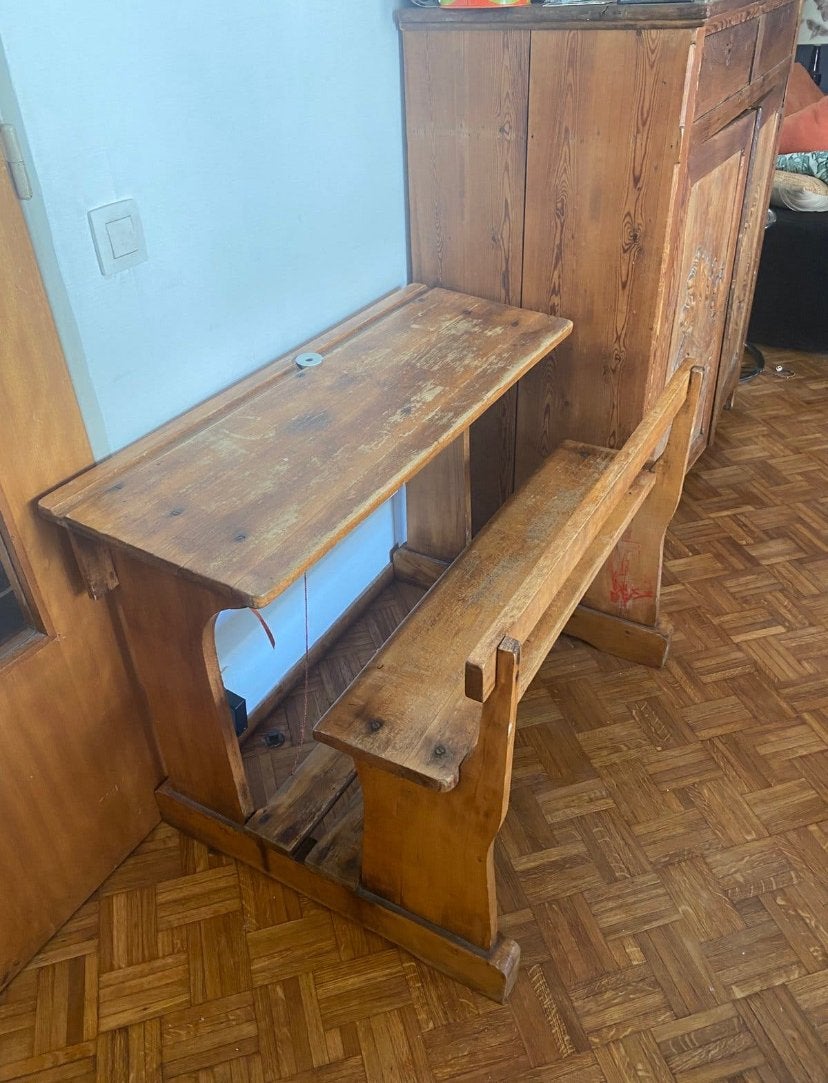 Vintage houten schoolbank met bankje, Ophalen