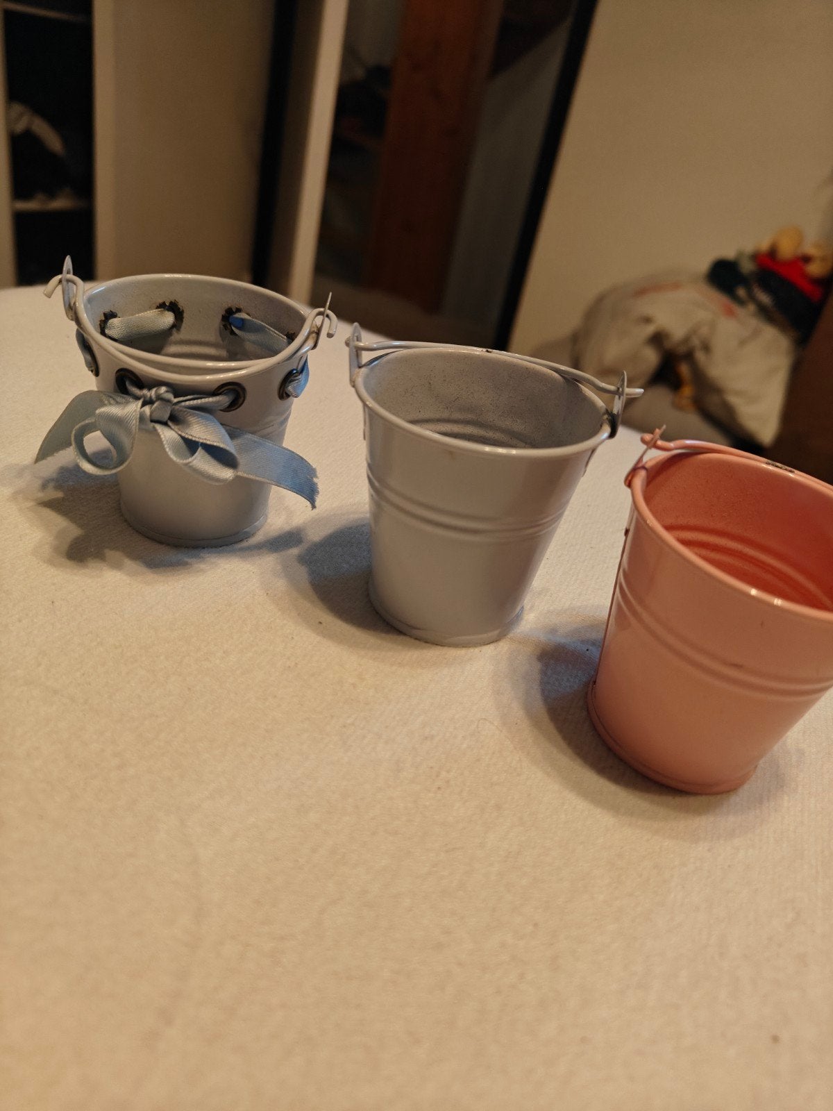 Mini metalen emmertjes, babyroze en babyblauw, Gebruikt, Meerkleurig, Overige stijlen, Ophalen of Verzenden