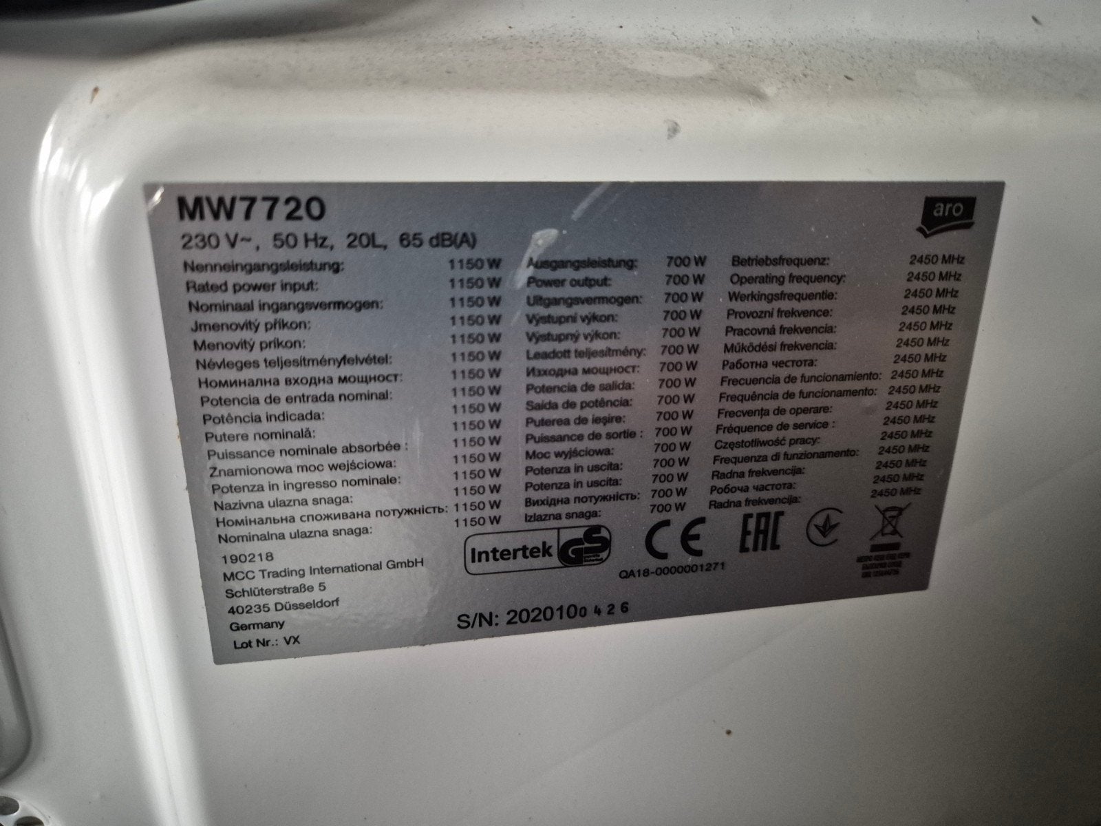 ARO MW7720 Magnetron - 20L, 700W, Gebruikt, Ophalen of Verzenden, Magnetron, Draaiplateau