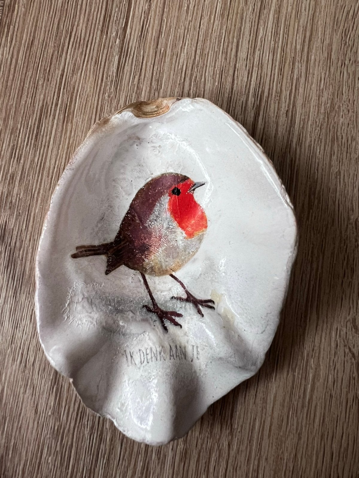 Oesterschelpje met roodborstje, Ophalen of Verzenden, Schelp(en)