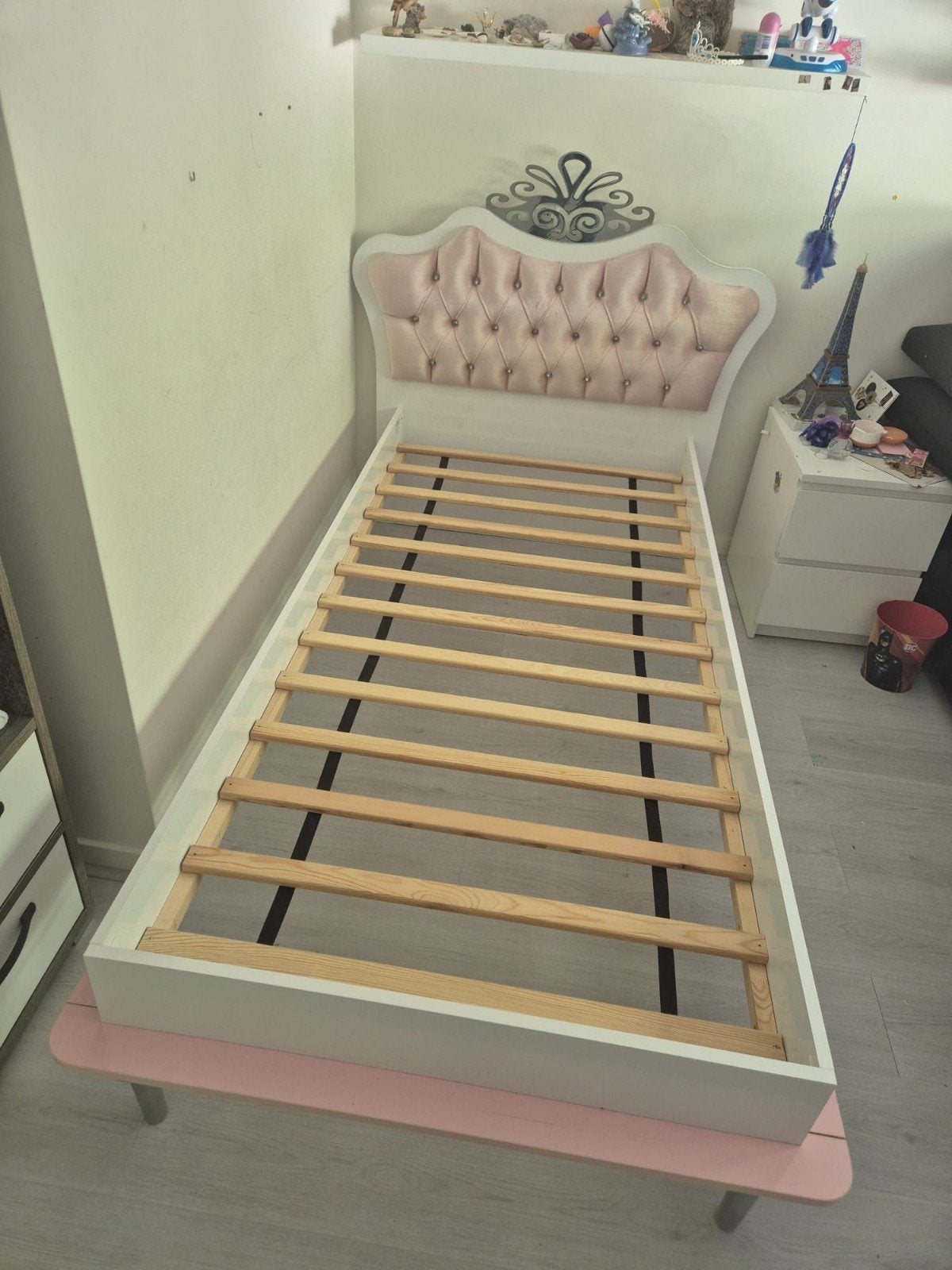 Prinsessenbed 200x90 met roze hoofdbord, Ophalen, Gebruikt, 90 cm, Wit