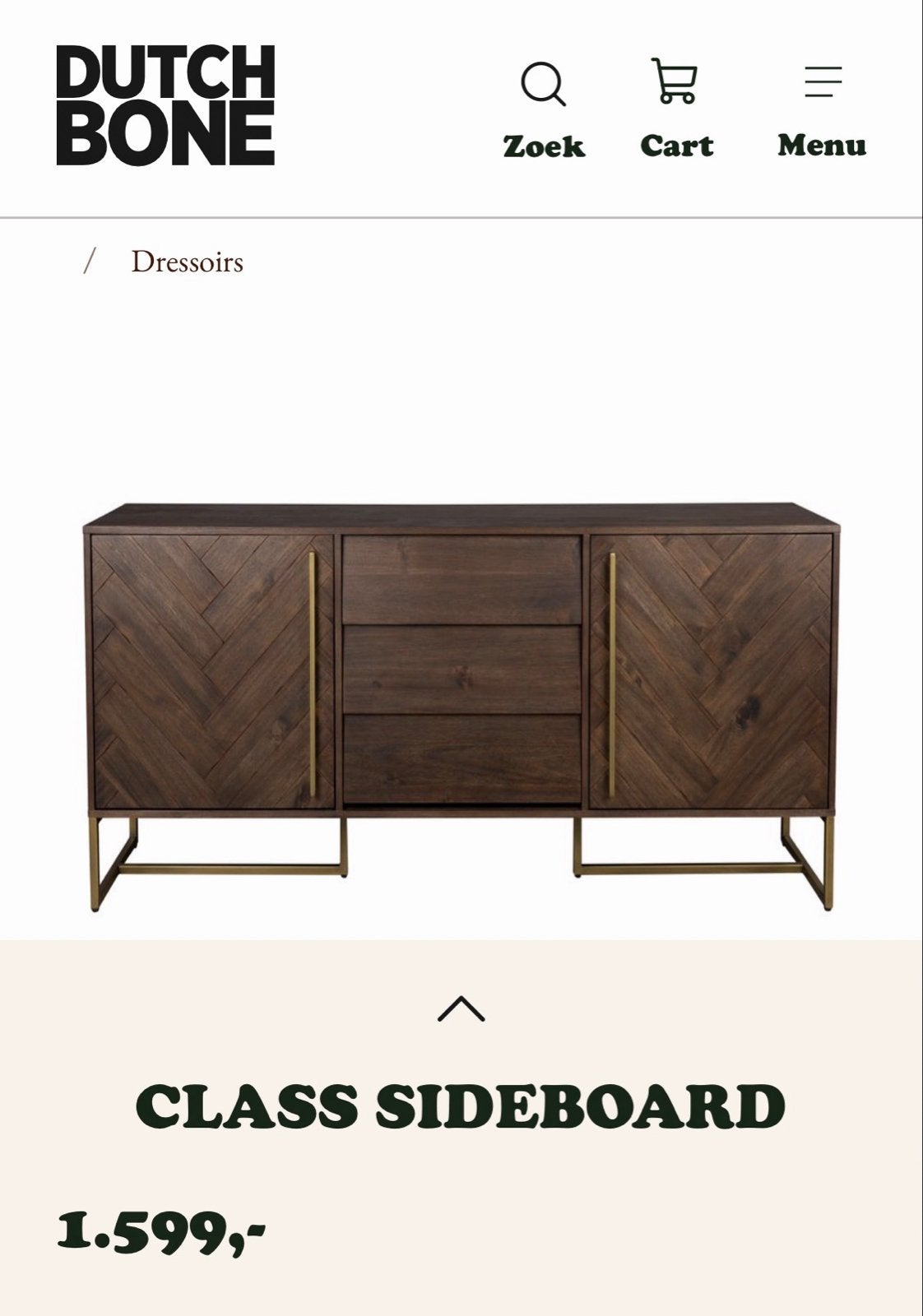 Dutch Bone dressoir met visgraatmotief, Ophalen, Gebruikt, 100 tot 150 cm, Met lade(s)