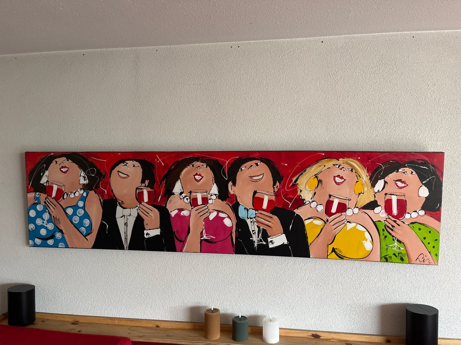 Modern schilderij dikke vrouwen met wijn' - 200x50 cm, Ophalen, Textiel, Handgeschilderd, Figuren