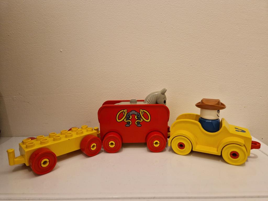 Vintage LEGO Duplo 2627 – Cowboy Auto & Paardentrailer 1980, Ophalen of Verzenden, Gebruikt, Duplo