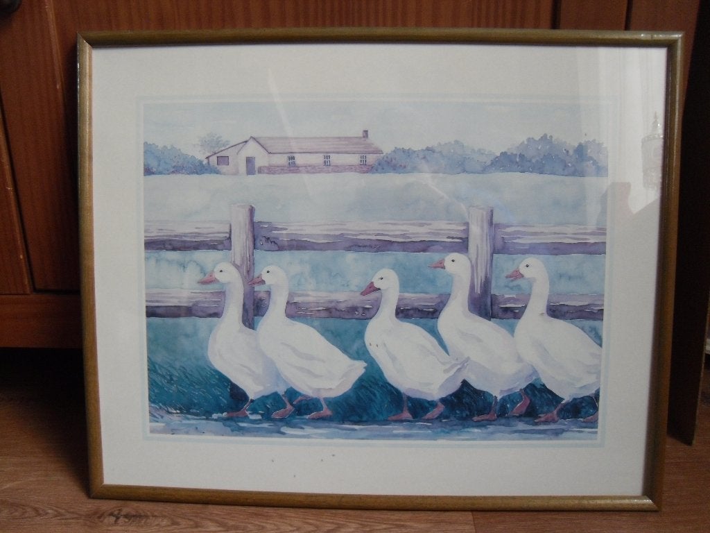 Landschap met ganzen - in lijst, Ophalen of Verzenden, Realistisch, Ingelijst, Dieren