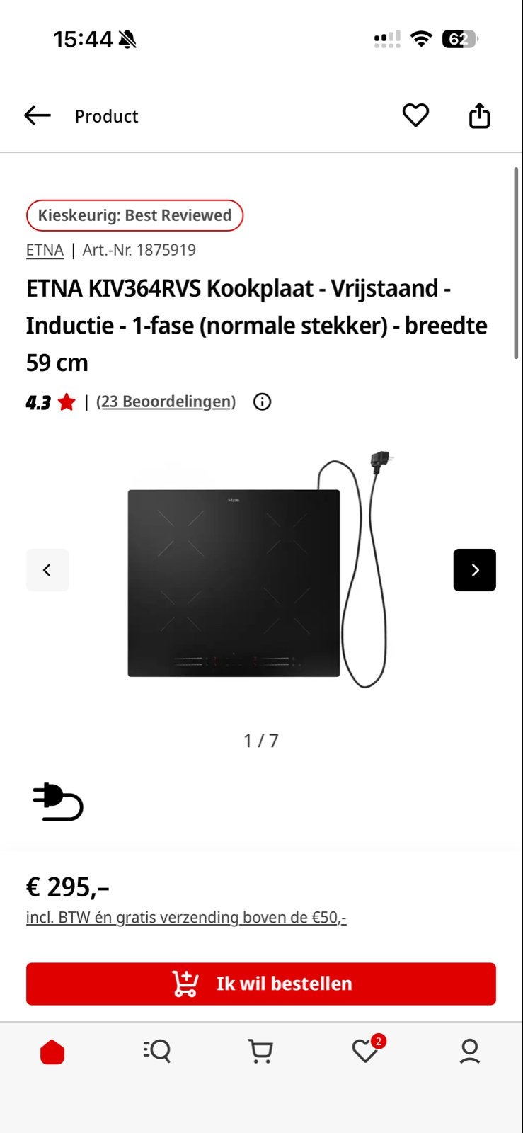 ETNA KIV364RVS Inductiekookplaat - Vrijstaand - Nieuw, Witgoed en Apparatuur, Ophalen, Nieuw, Vrijstaand, Inductie