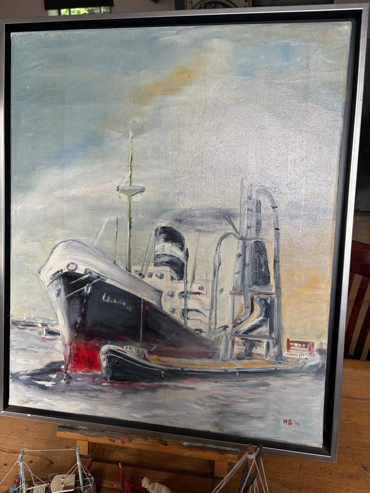 Schilderij Delfzijl met 2 handgemaakte bootjes, Maritiem / water, Doek, Realistisch, Ophalen of Verzenden
