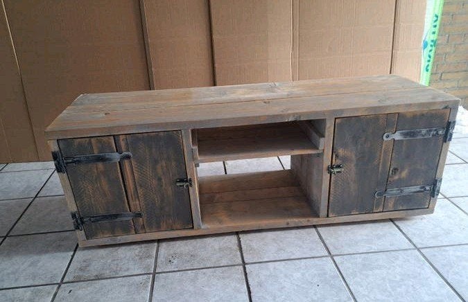 TV meubel Steigerhout, Ophalen, 100 tot 150 cm, Zo goed als nieuw, Minder dan 100 cm