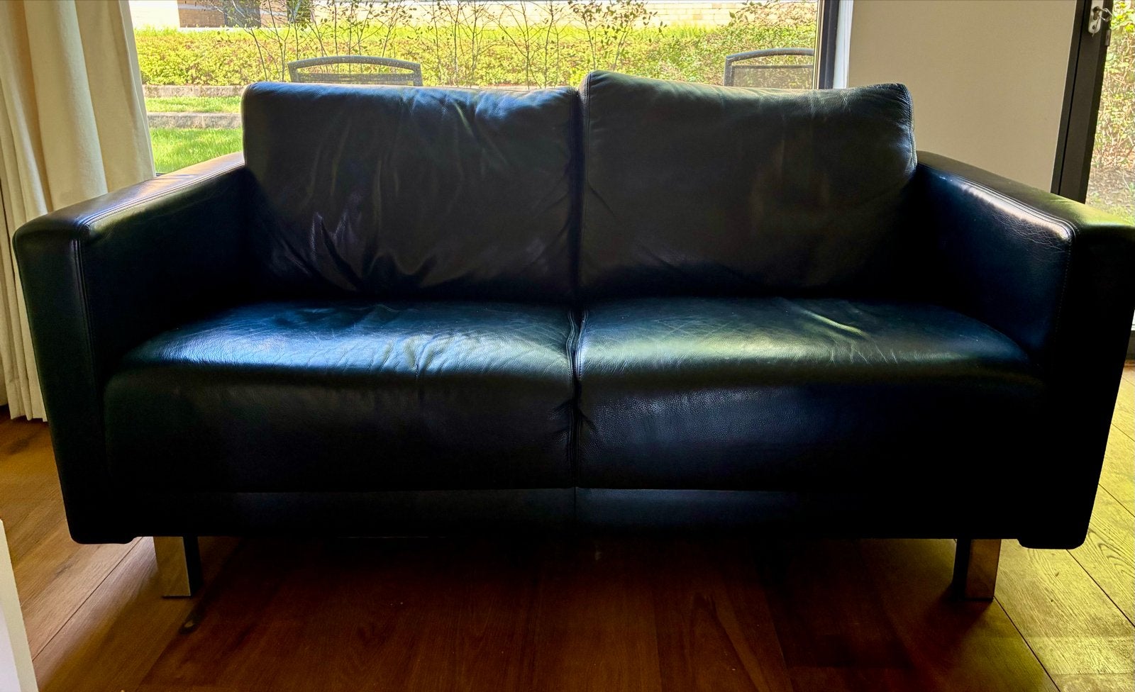 Montel Zwart Leren Tweezitsbank, Ophalen, Gebruikt, 150 tot 200 cm, Tweepersoons
