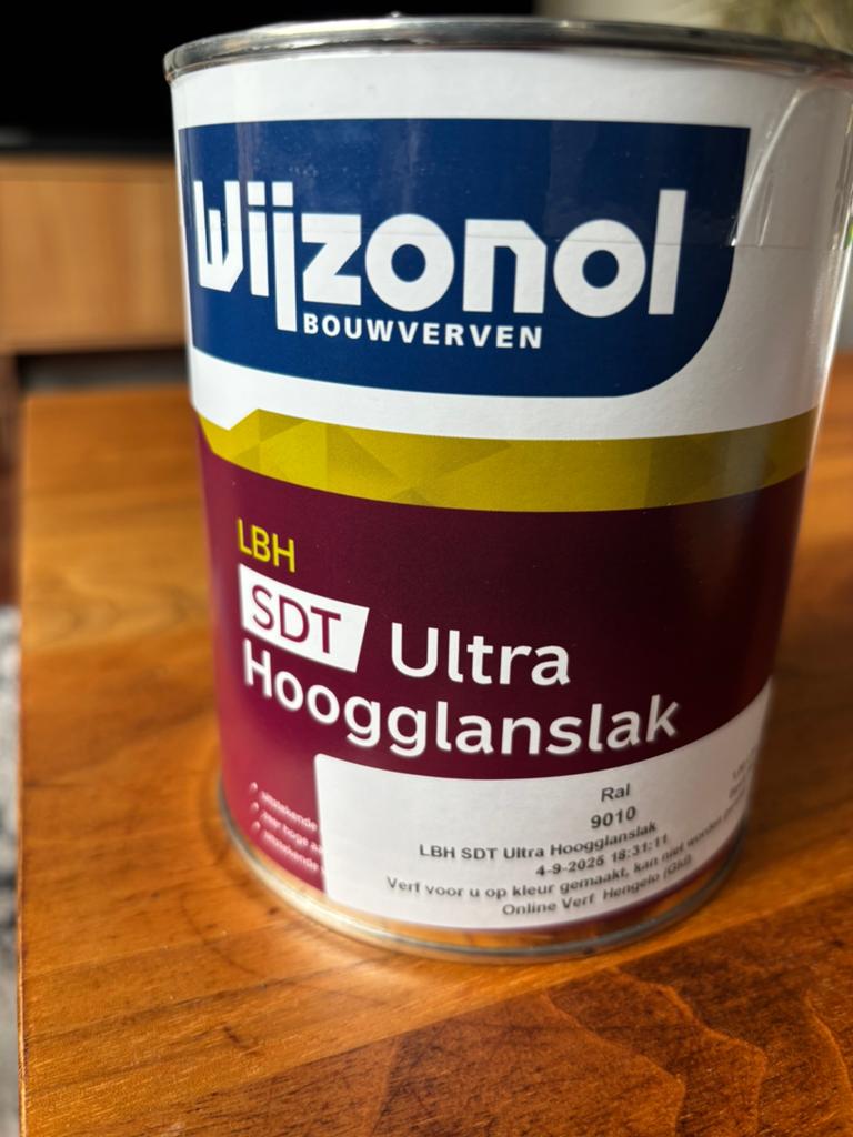 Wijzonol LBH SDT Ultra hoogglans lak 1L, RAL 9010, Wit, Nieuw, Ophalen of Verzenden, Lak