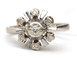 (414) 14k witgouden vintage ring met 7 diamanten, Gebruikt, Wit, Ophalen of Verzenden, 17 tot 18