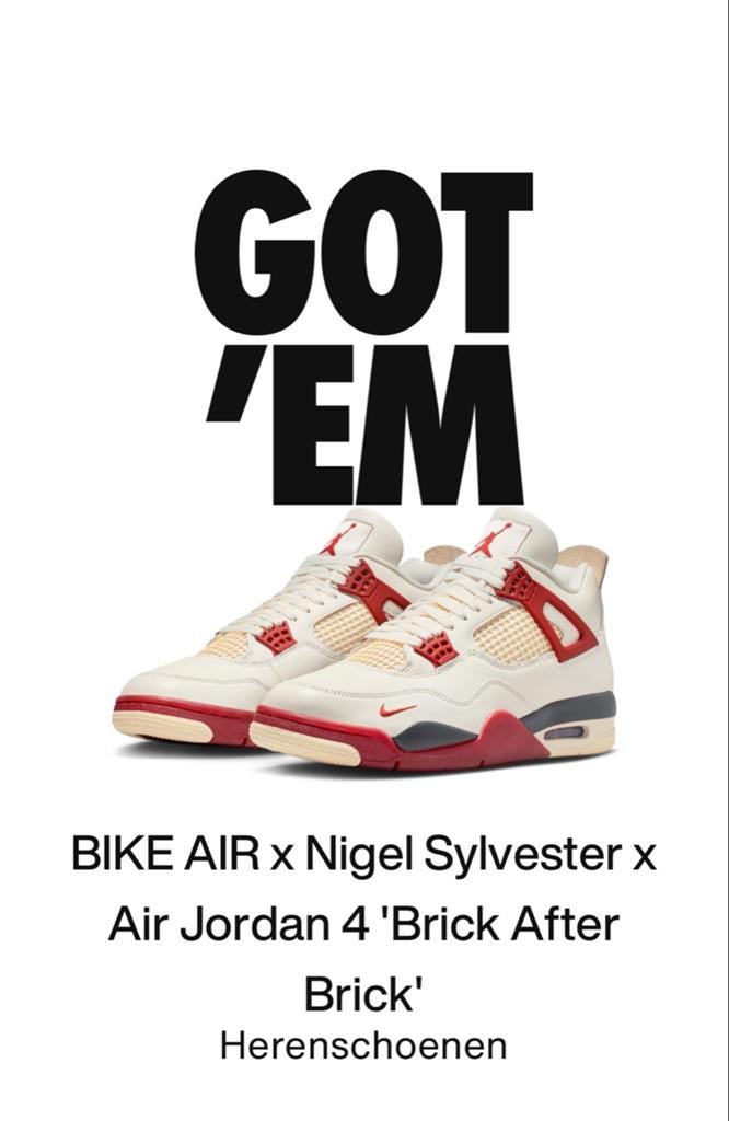 Jordan 4 Retro OG Nigel Sylvester Brick After Brick Maat 44, Wit, Nieuw, Ophalen of Verzenden, Sneakers of Gympen