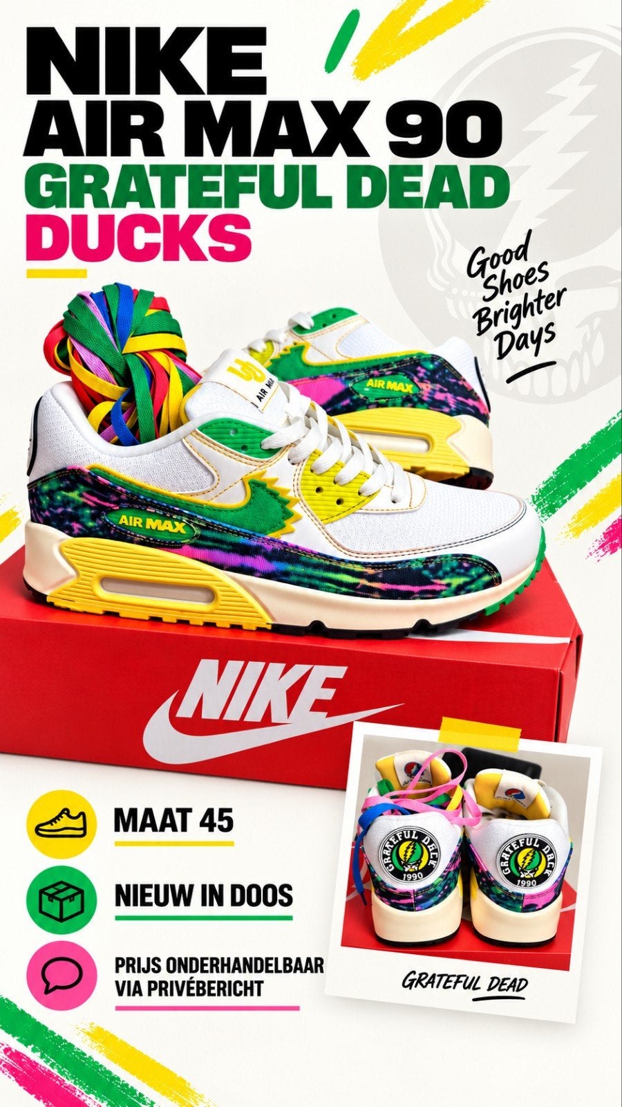 Nike Air Max 90 Grateful Dead Ducks – Maat 45 – Nieuw, Overige kleuren, Ophalen of Verzenden, Sneakers of Gympen, Nieuw