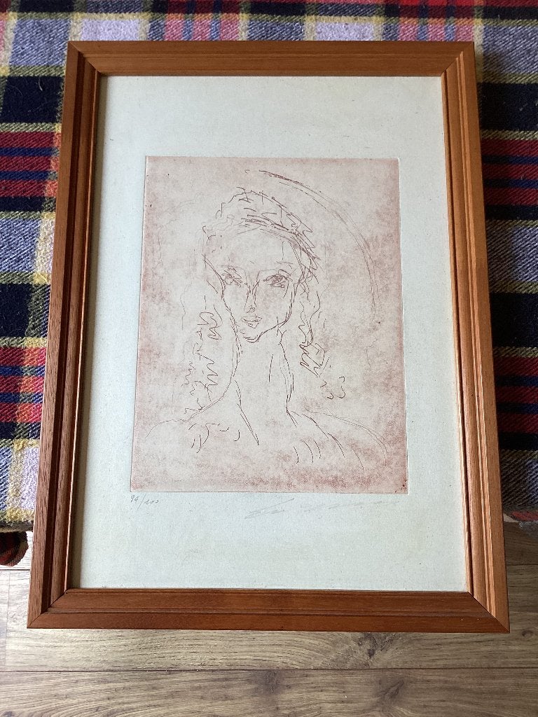 Gesigneerde ets vrouwelijk portret 90/100 – ingelijst, Huis en Inrichting, Minder dan 50 cm, Gebruikt, Oorspronkelijke maker, Ophalen of Verzenden