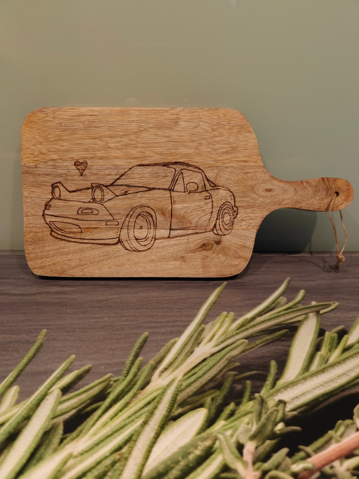 Houten snijplank met Mazda mx5 NA gravure, Huis en Inrichting, Hout, Snij-/serveerplank, Nieuw, Ophalen of Verzenden