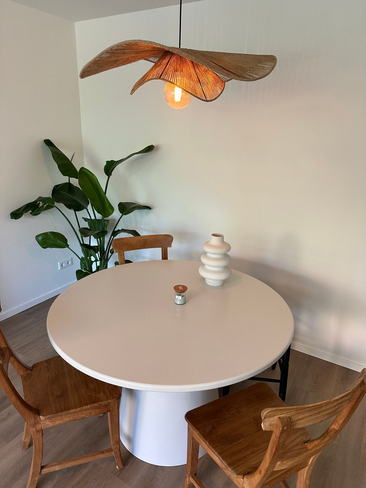 Japandi eettafel beige 120cm, Ophalen, 100 tot 150 cm, Rond, Zo goed als nieuw