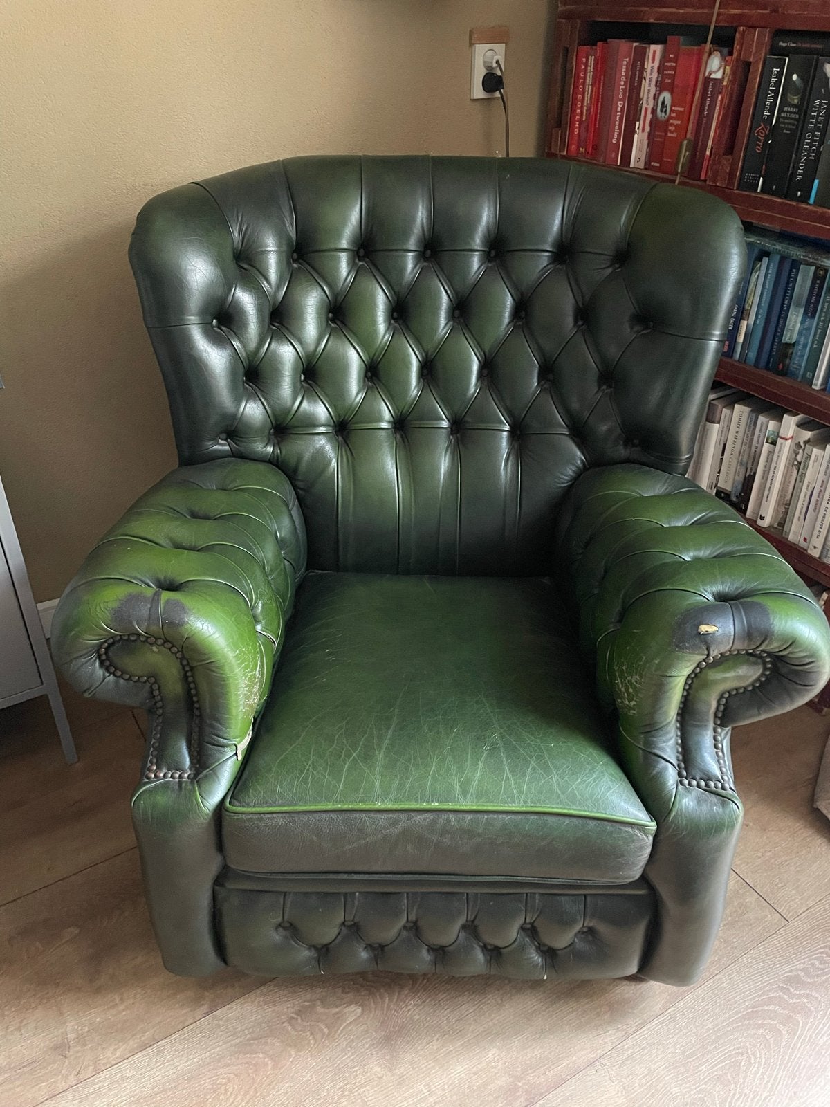 Chesterfield fauteuil, groen, Huis en Inrichting, Fauteuils, Ophalen, Gebruikt, 75 tot 100 cm, Leer