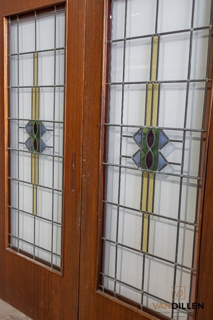 Antieke set deuren glas in lood openslaand 201 x 78, 120 cm of meer, Binnendeur, Ophalen of Verzenden, Zo goed als nieuw