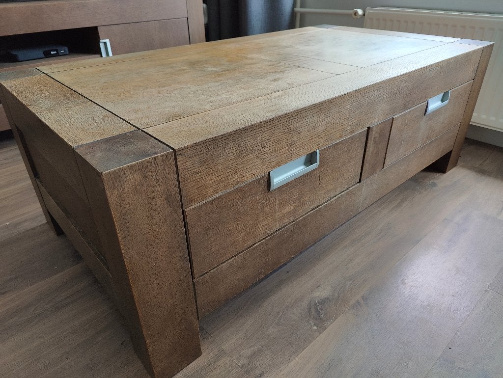 Goossens salontafel massief eiken, Ophalen, Gebruikt, 100 tot 150 cm, Eikenhout
