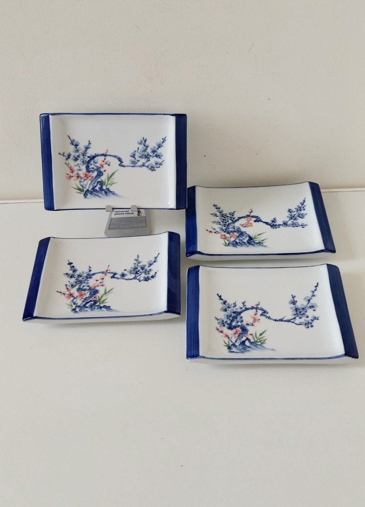 4 Vintage Japanse sushi borden Blauw-wit bloesem (14x21 cm), Eu, Eu, Keramiek, Ophalen of Verzenden