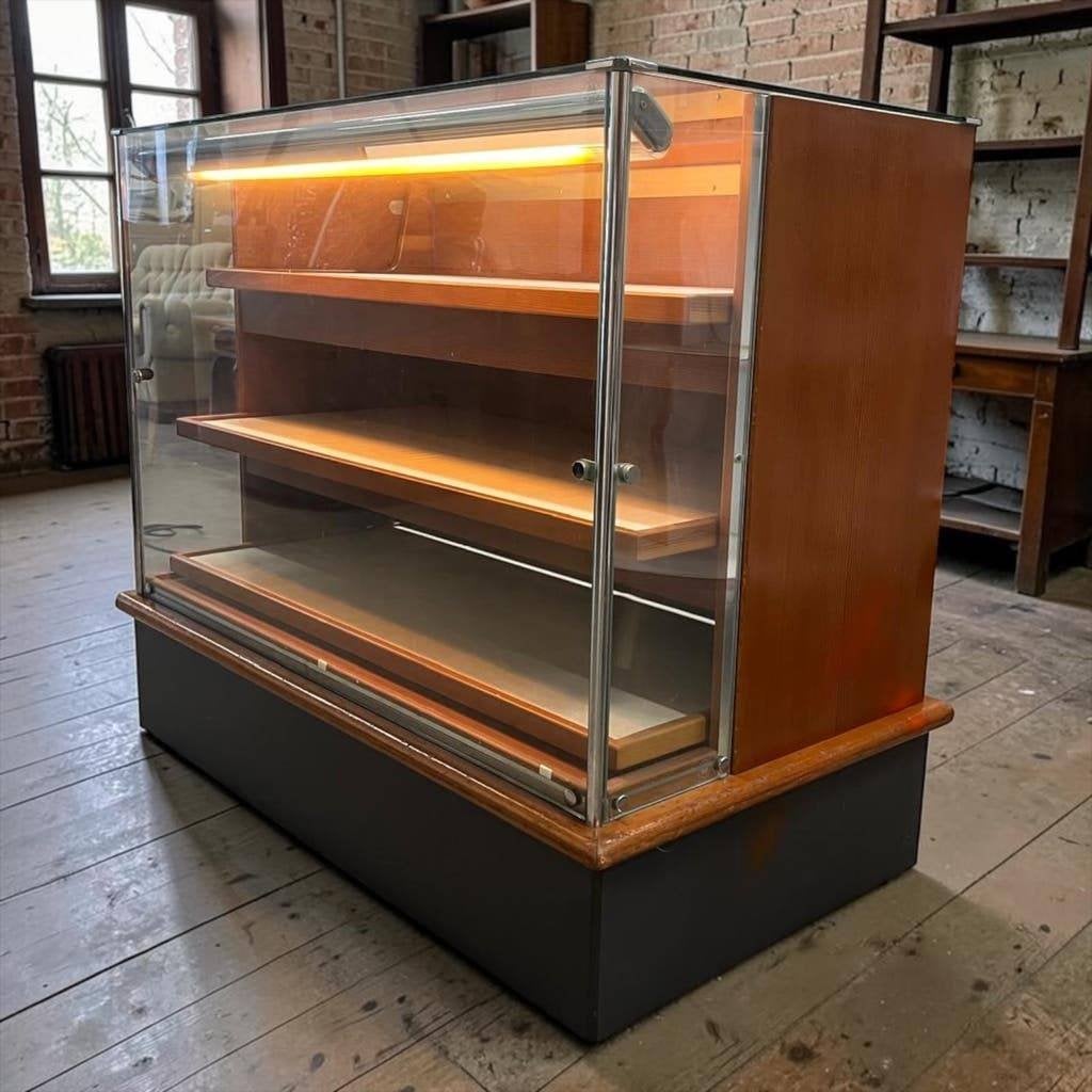 vintage houten winkeltoog / vitrinekast / toonbank met lades, Ophalen