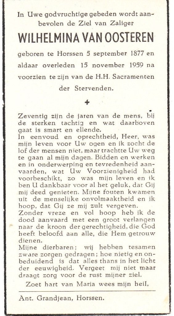 Horssen 1877 - 1959 Wilhelmina van Oosteren, Ophalen of Verzenden, Bidprentje