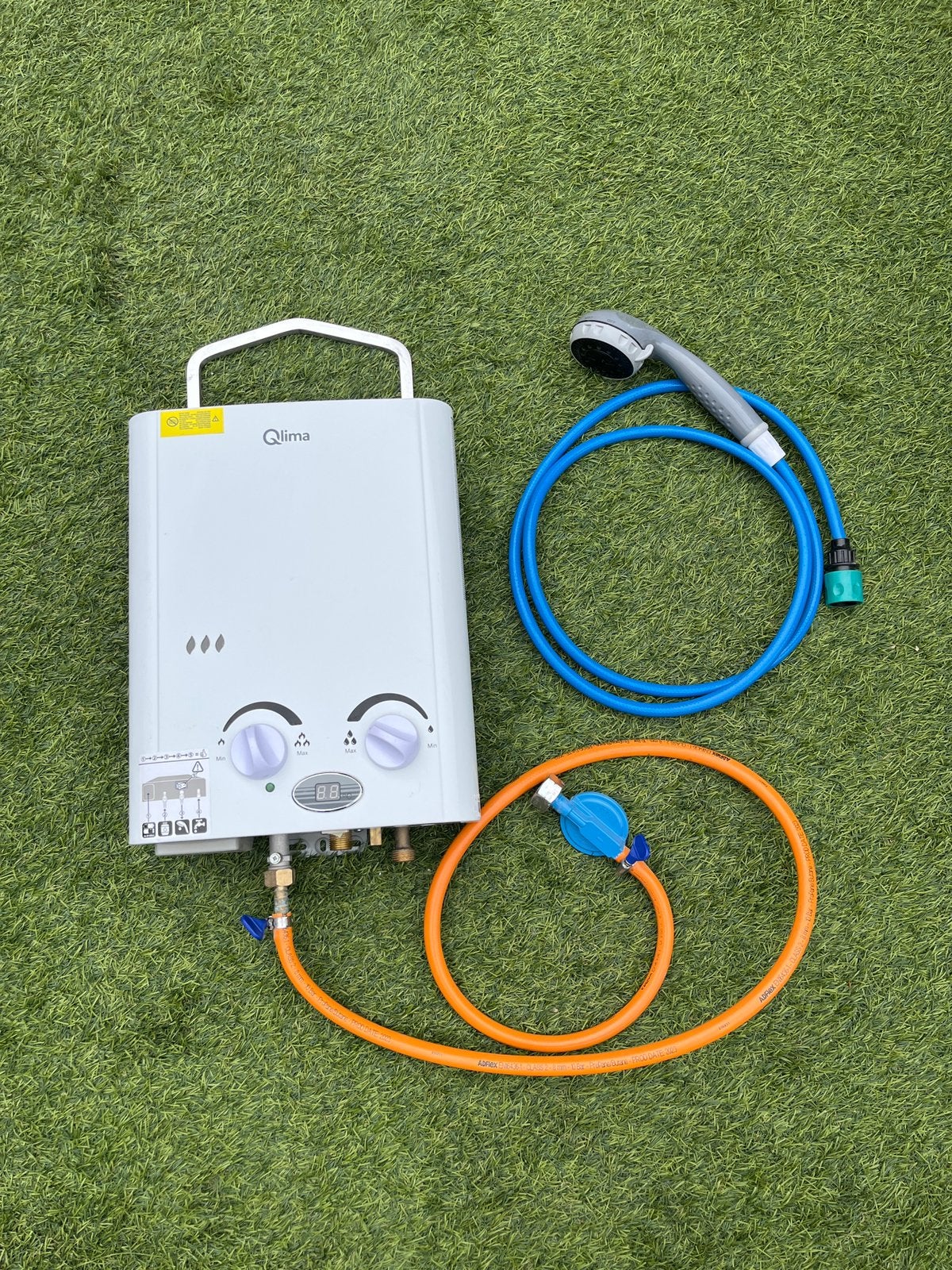 Qlima PGWH 1010 mobiele geiser 2-in-1 – z.g.a.n., 100 liter of meer, Ophalen of Verzenden, Propaan of Butaan, Terugslagbeveiliging (TTB)