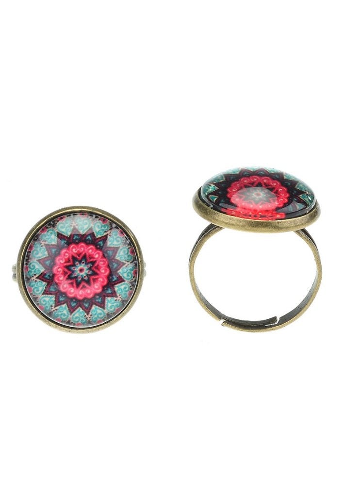 Verstelbare mandala ring met glazen ornament – Nikkelvrij, Nieuw, Ophalen of Verzenden, Dame, Zilver
