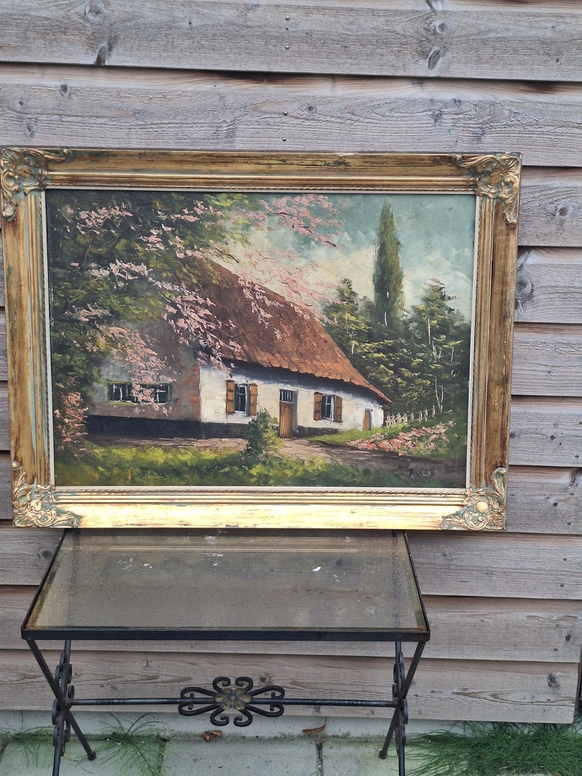 Schilderij: Landelijk huisje met bloesem van D. Rooy, Antiek en Kunst, Kunst | Schilderijen | Klassiek, Ophalen of Verzenden