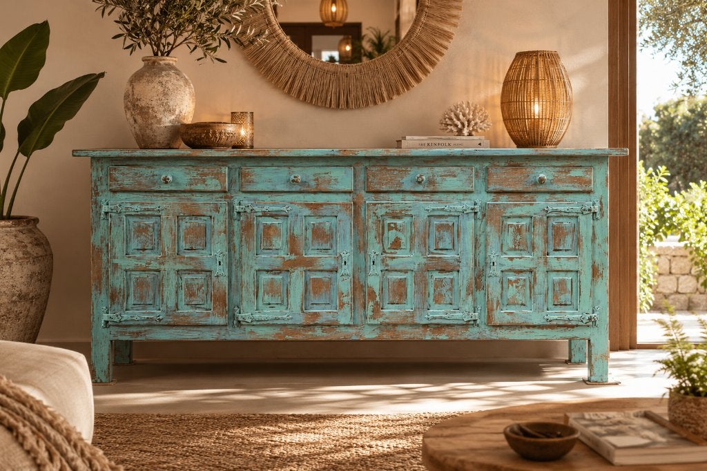 Boho India Ibiza verweerd groen dressoir, Gebruikt, Met lade(s), Ophalen of Verzenden, 200 cm of meer