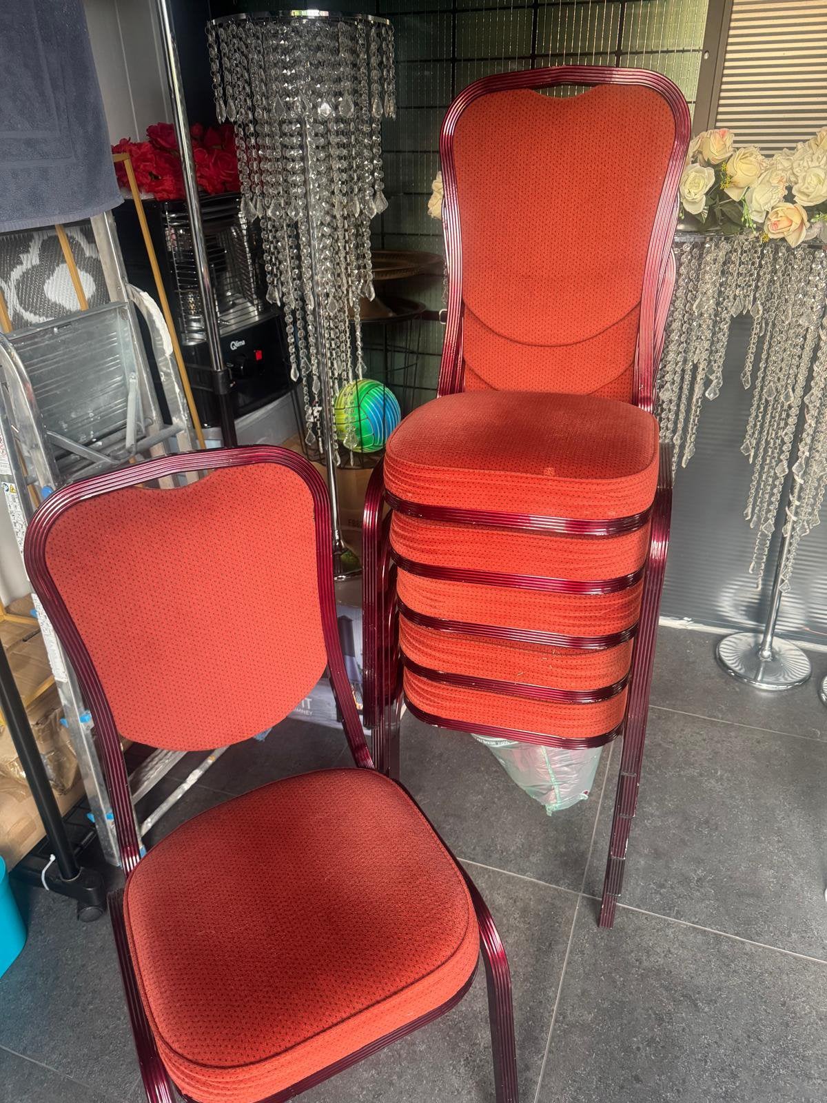 6 rode stoelen, Tuin en Terras, Tuinstoelen, Ophalen, Zo goed als nieuw, Kunststof