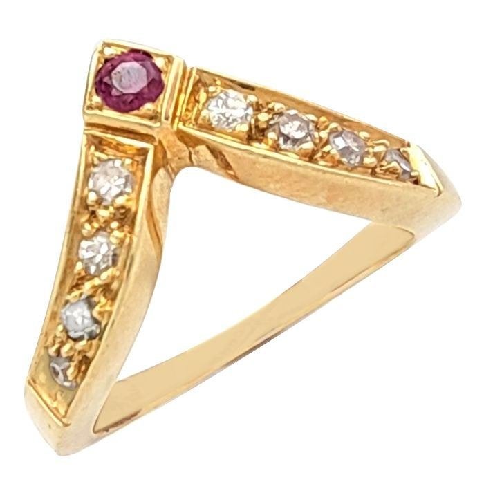 18 kt. Geel Goud Ring - 0.14 ct Diamant - Robijn met doos, Geel, Ophalen of Verzenden, Zo goed als nieuw, 17 tot 18